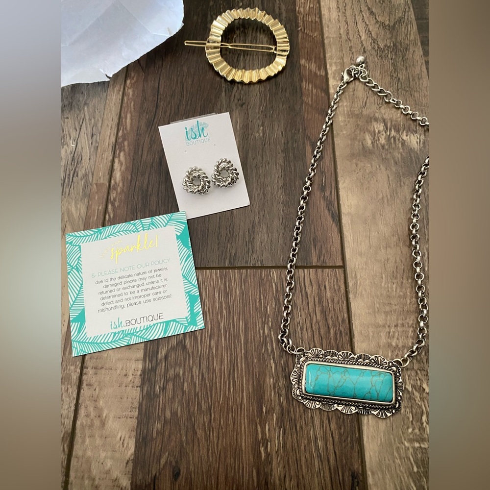 Silver and Turquoise Necklace, Earring Set, Hair Clip